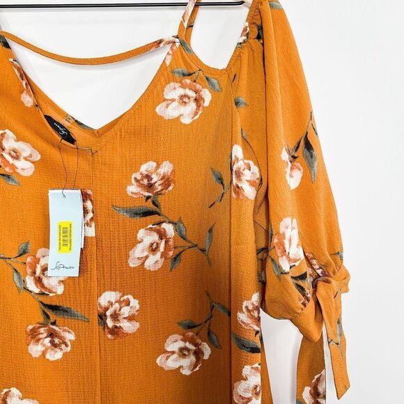 2/$30 Soprano Orange Cold Shoulder Floral Print Boho Tunic Mini Dress Small - Picture 7 of 11